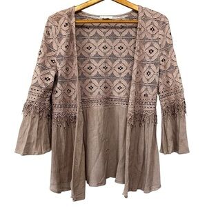 Entro Tan Crochet Lace Gauze 3/4 Sleeve Open Front Kimono Size Small